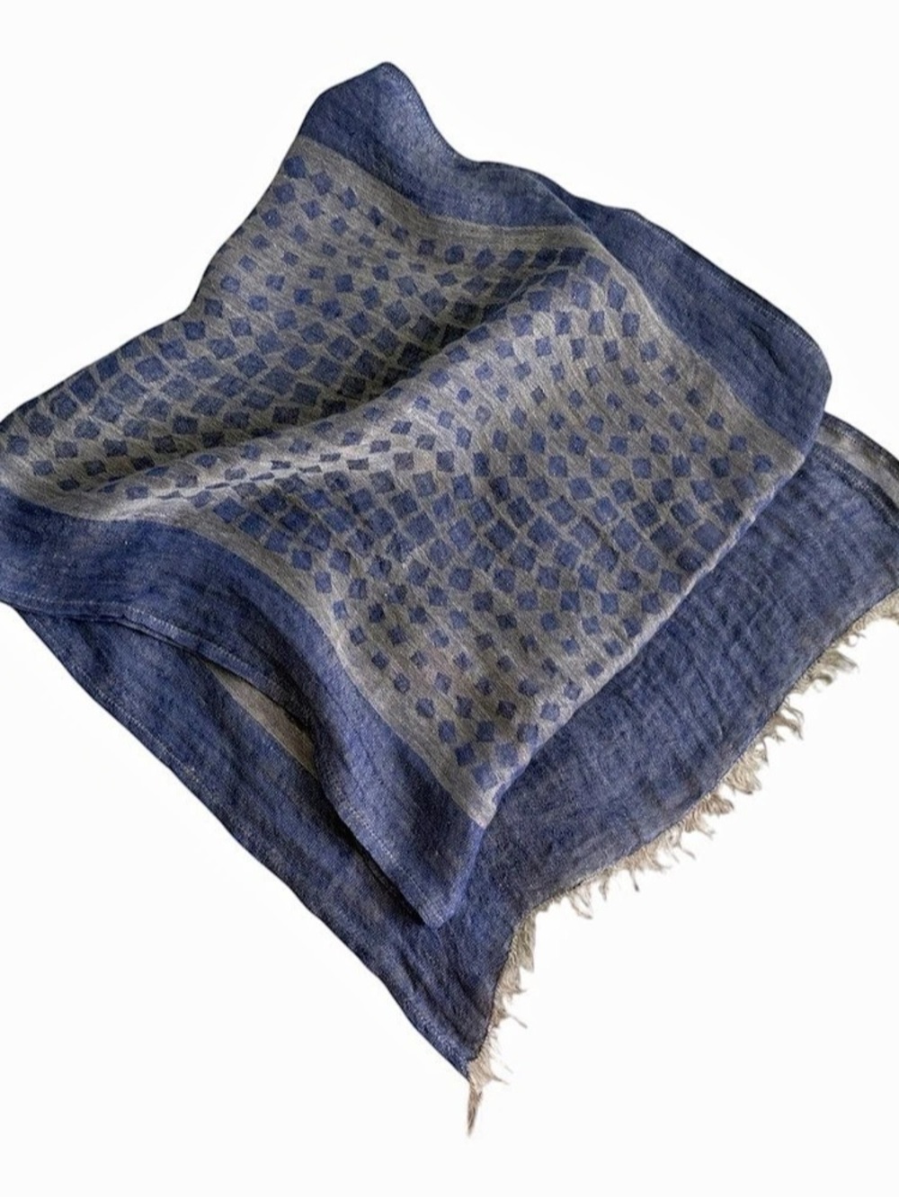 Dedalo Tuscan Atmosphere 100% Linen Geometric Scarf Blue Gray Fringe Italy